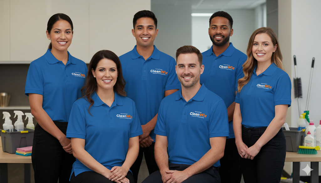 CleanWiz Montreal cleaning team in a kitchen CleanWiz cleaners smiling in a Montreal kitchen